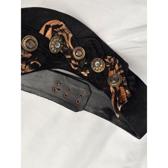 Vintage 1992 Nina Arjani Leatherock Black Gold Animal Print Wide Waist Belt L